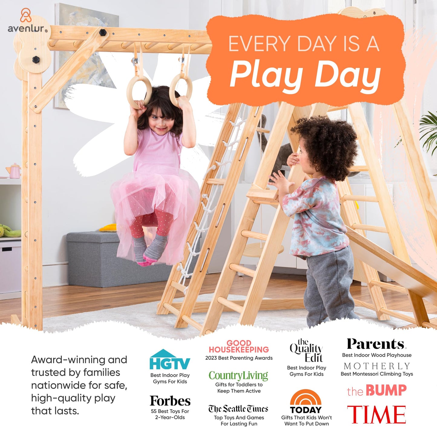 Avenlur 8-in-1 Indoor Play Gym – Toddler Jungle Gym for Kids Ages 2–6 – Indoor Playground Wooden Climbing Playset with Slide, Monkey Bars, Ladder, Rope Ladder, Rock Climbing, Swing, Rings, Disc Swing