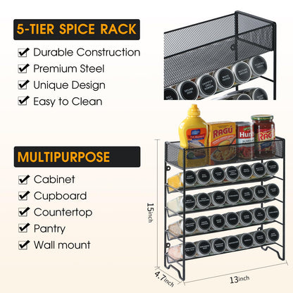 Spice Rack Organizer with 28 Spice Jars, Black Lids，Spice Labels, Chalk pen and Funnel Set for Cabinet, Countertop, Pantry, Cupboard or Wall Mount