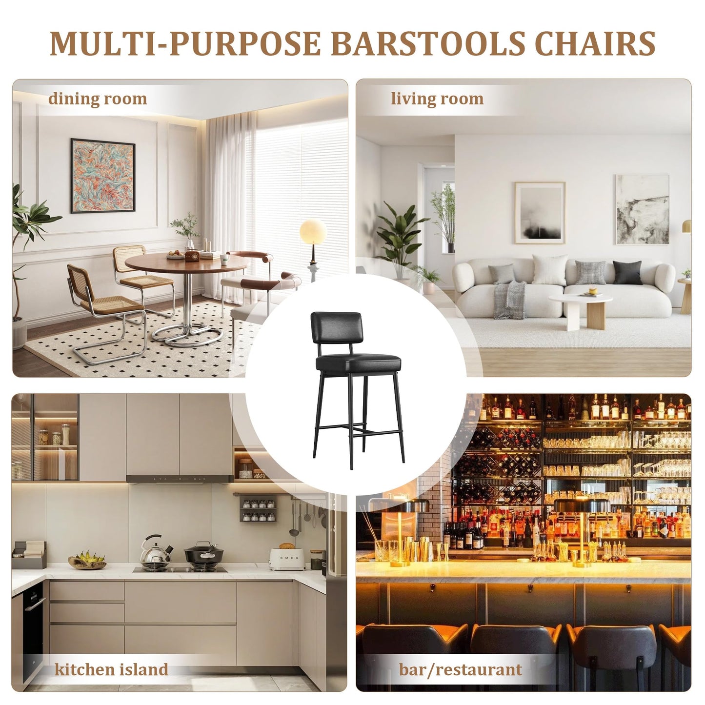 GarveeHome Bar Stools Set of 4, 26" Black Faux Leather Counter Height Bar Stools with Backs, Modern Upholstered Barstool Chairs with Metal Legs for Kitchen Island, Home Bar, Dining Room