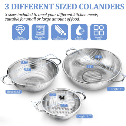 TeamFar Colander Set of 3, Stainless Steel Perforated Metal Colander Strainer with Handles for Spaghetti, Pasta, Berry, Rust Free & Dishwasher Safe - 1/3/5-quart