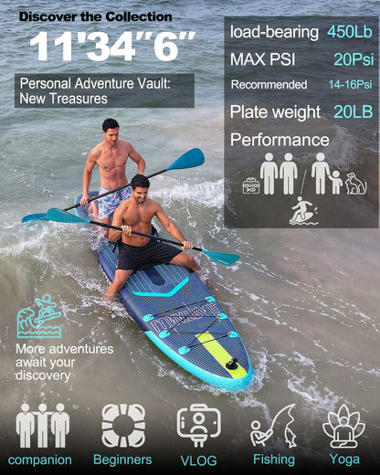 【11'×34"】 Extra Long/Extra Wide Premium Inflatable Stand Up Paddle Board (SUP) – Portable & Lightweight for Yoga, Surfing, Family Fun | Complete Kit with Paddle, Pump, Bag | Durable Design