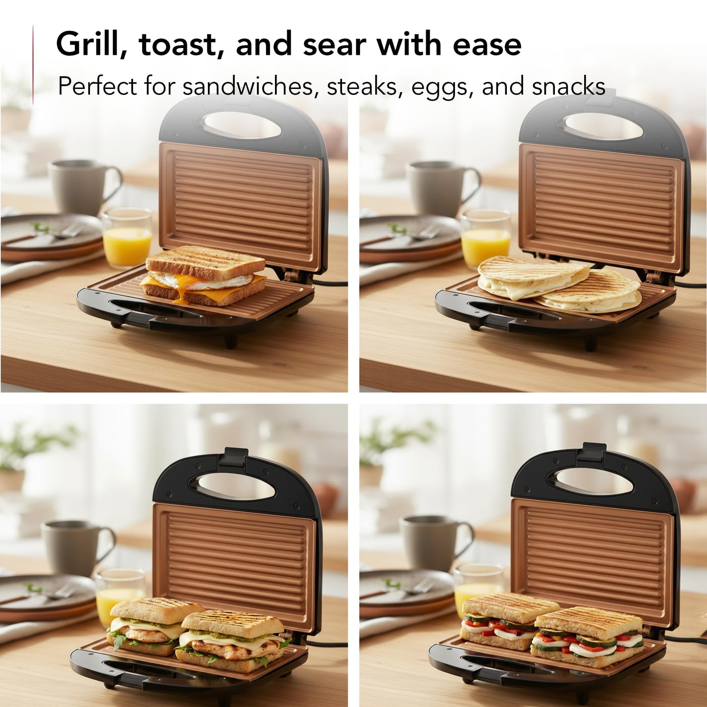 OVENTE Electric Panini Press Grill with Nonstick Plates, LED Indicator Lights, Thermostat Control, Compact Sandwich Maker Perfect for Cooking Breakfast, Steaks, Eggs Snacks & More, Copper GP0110CO