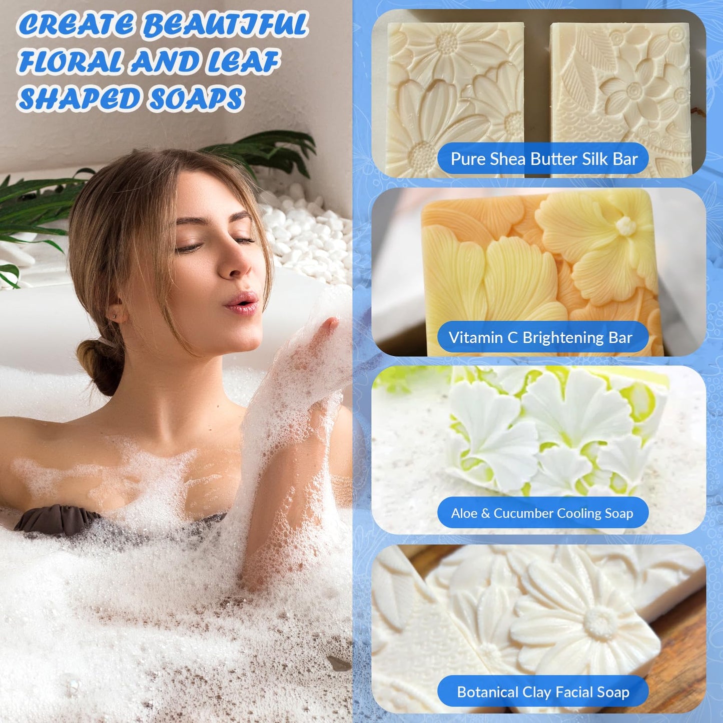 HKNMTT Silicone Square Rectangle Bar Molds Leaf Flower Pattern, 8 Cavities for Candy Soap Making Shower Steamer Homemade Bath Lotion Shampoo Bar DIY Set Non-stick Craft Food Grade 2 Pack