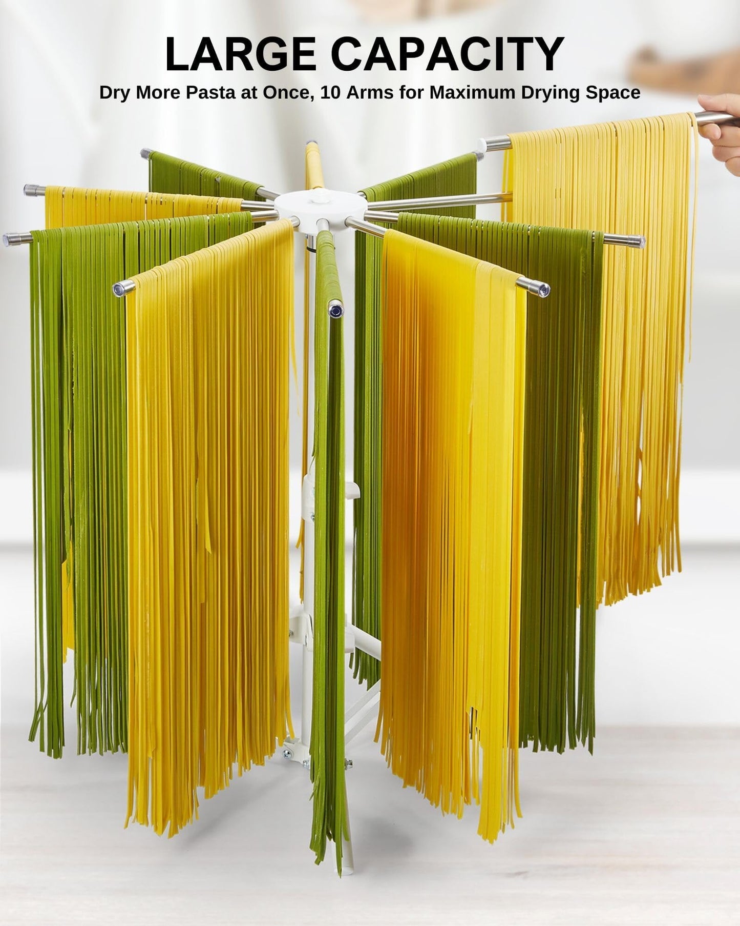 MUMSUNG Pasta Drying Rack Collapsible, 360° Rotating, Adjustable Height(14.5"-23.6"), 304 Stainless Steels Arm, Large Noodle Dryer Foldable with Ravioli Wheel for Homemade Fresh Pasta Spaghetti