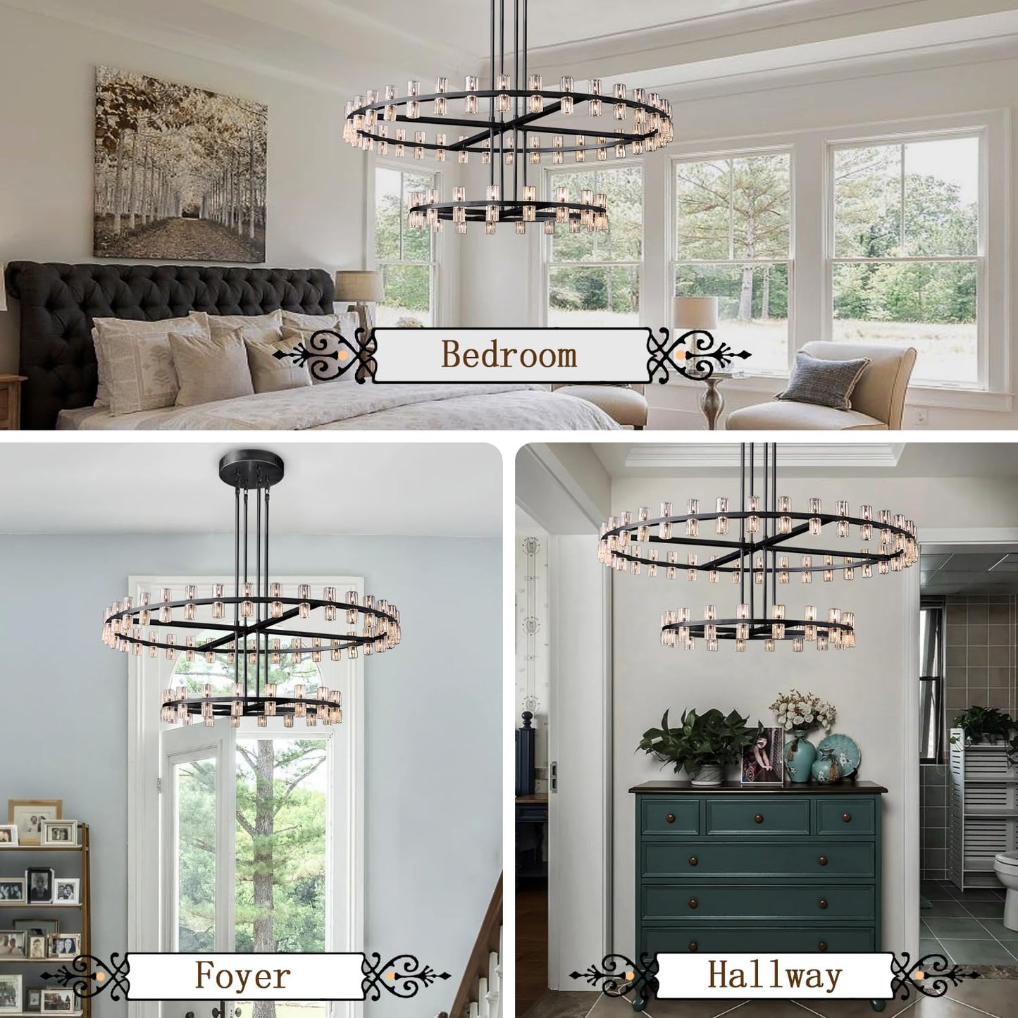 Shial Lighting D32''+D40'' Large Black Wagon Wheel Chandelier 72-Lights Black Round Chandeliers Glass Chandeliers for Dining Room,Living Room Vintage Chandelier