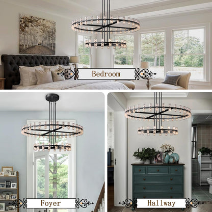 Shial Lighting D32''+D40'' Large Black Wagon Wheel Chandelier 72-Lights Black Round Chandeliers Glass Chandeliers for Dining Room,Living Room Vintage Chandelier