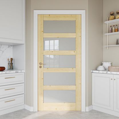 36" x 80" Pine Wood Slab Door, 5-Panel Frosted Glass Interior Doors, Single Room Door for Closet & Bedroom, Farmhouse Style as Prehung, Pocket, Bifold, Barn Doors, Easy DIY Stain, Shaker w/o Hardware
