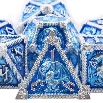 AUSTOR 7-Die Metal DND Dice Set Dungeons and Dragons Polyhedral Roll Playing Dice with Box D20 D12 D10 D% D8 D6 D4 for Pathfinder MTG RPG Board Games