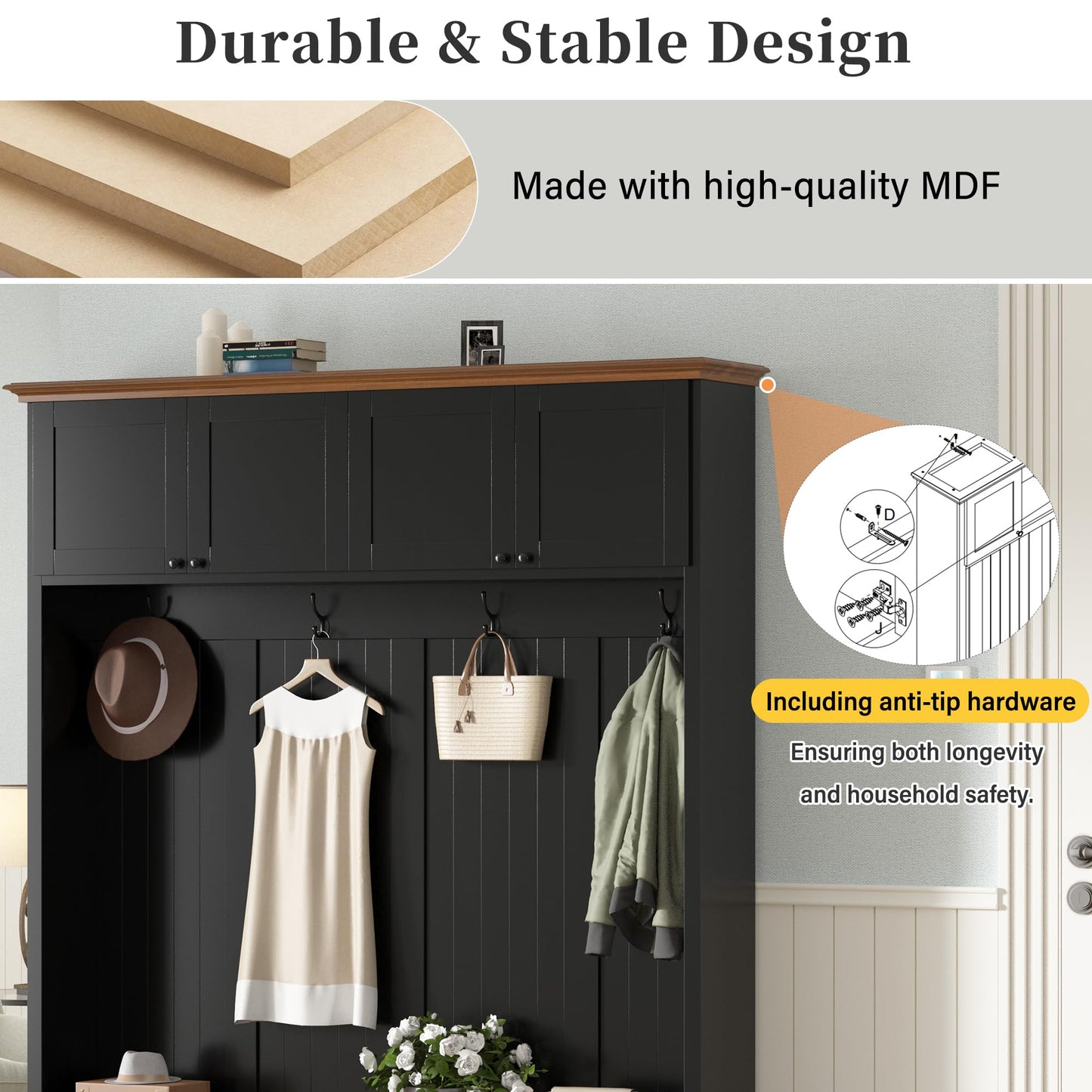 Merax Wood Rustic 59''W Hall Tree Entryway Bench with 4 Hooks and Cabinets, Farmhouse Mudroom Versatile Coat Racks with Shoe Storage Bench, Entrance Organizer for Hallway, Living Room Black