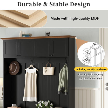 Merax Wood Rustic 59''W Hall Tree Entryway Bench with 4 Hooks and Cabinets, Farmhouse Mudroom Versatile Coat Racks with Shoe Storage Bench, Entrance Organizer for Hallway, Living Room Black