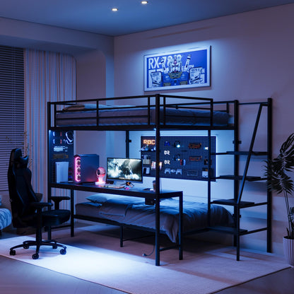 KEIKI Full Over Twin Bunk Bed with Charging Station, Metal Loft Bed with Desk & Safety Guard & Stairs, Metal Bed Frame for Kids, Teens, Adults, Black
