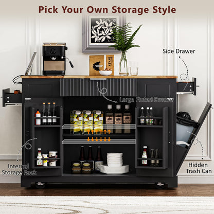 Ball & Cast Fluted Kitchen Island with Trash Can Storage Cabinet,Power Outlet,Internal Storage Rack,Rolling Kitchen Islands On 5 Wheels W/3 Drawers & 3 Open Side Racks for 10 Gallon Garbage Bin,Black