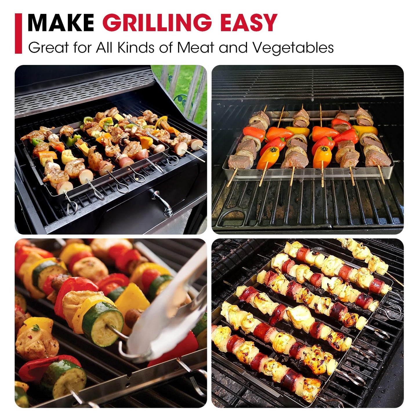 Unicook Upgraded Stainless Steel BBQ Shish Kabob Set, Large Foldable Grill Rack with 6pcs 13.5"L Barbecue Skewer, Keeps Kabobs from Sticking to the Grill Grate, 30pcs Bamboo Skewers as Bonus