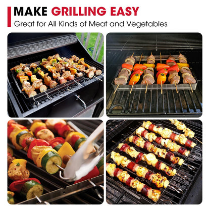 Unicook Upgraded Stainless Steel BBQ Shish Kabob Set, Large Foldable Grill Rack with 6pcs 13.5"L Barbecue Skewer, Keeps Kabobs from Sticking to the Grill Grate, 30pcs Bamboo Skewers as Bonus