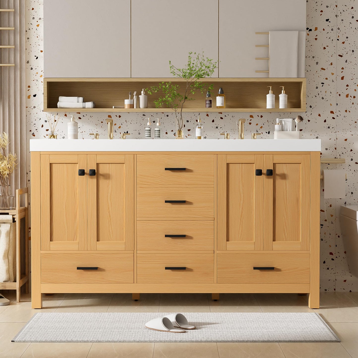 GDFStudio 59.3" Bathroom Vanity with Double SMC Resin Sink, Solid Wood Frame & MDF Cabinet, 4 Doors & 5 Soft-Close Drawers, Adjustable Shelves, Black Handles, Modern Wood Grain Finish
