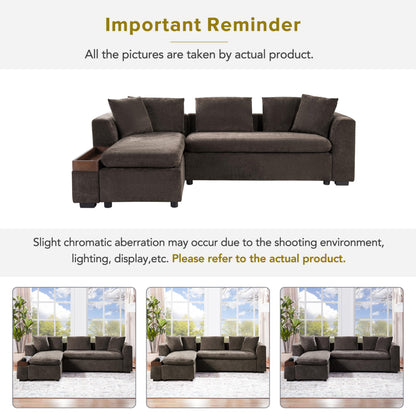 Merax 93.7" L-Shaped Sectional Sofa with Wooden Storage Compartment, Chenille Upholstered Deep Seating Sleeper Couch & Chaise Lounge and Throw Pillows for Living Room, Brown