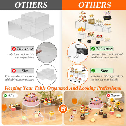 8 Pcs Clear Acrylic Buffet Risers with Mini Sign and Maker,Buffet Risers and Stands Clear Food Display Risers for Buffet Table Party Catering Dessert Cupcake Collectibles (8" 7" 6" 5" 5" 4" 4" 3")