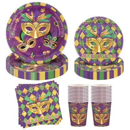 Arosche Mardi Gras Decorations Party Supplies Set for 24-Disposable Paper Plates and Napkins, Cups, New Orleans Masquerade Beads Holiday Tableware Party Decorations for Fat Tuesday Party Table Decor
