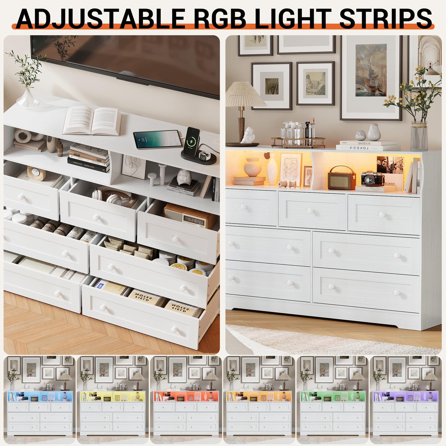 IDEALHOUSE Dresser for Bedroom with 7 Drawers, LED Lights & Charging Station, Wooden Chest with 2 Open Compartments, Freestanding Storage Organizer for Closet, Nursery, Entryway, White