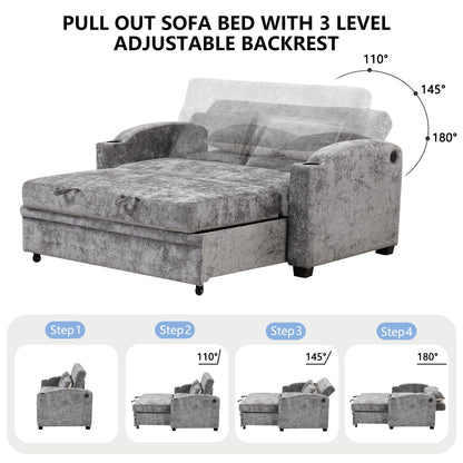 GDFStudio Pull Out Sofa Bed with USB Ports and Cup Holders, 3-Position Adjustable Backrest Chenille Loveseat, Sturdy Frame Compact Couch for Living Room Apartment Guest Bed, Gray