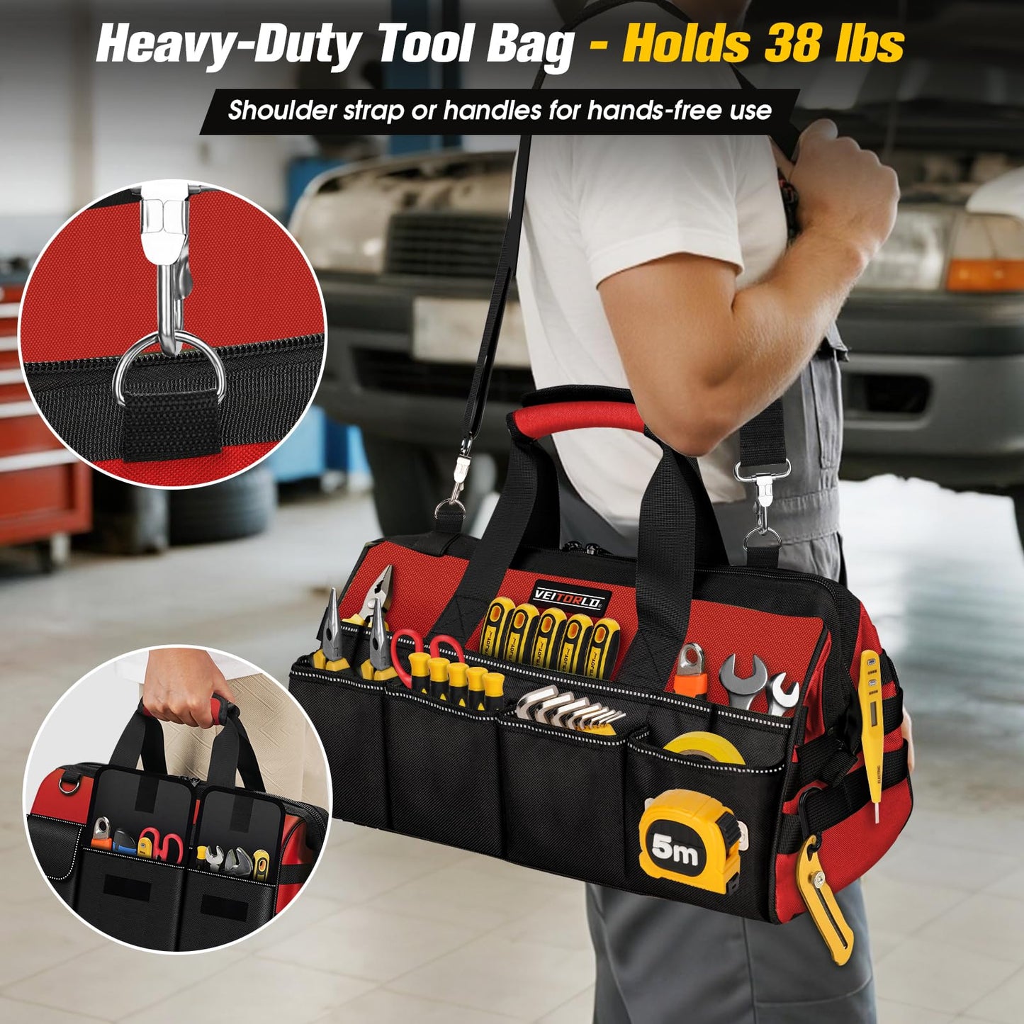 16-Inch Heavy Duty Tool Bag, 19-Pockets Tool Box Organizer, Portable Toolbag W/Soft Handle for Organized Storage, Mechanic Gifts for Men Dad Husband Fathers Day, Wide Mouth Electrician Toolbox, Red