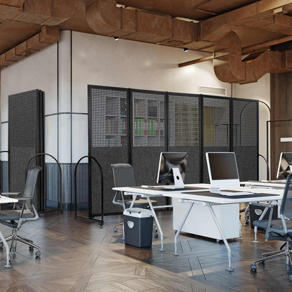 Folding Room Partition,Freestanding Privacy Divider,Portable Office Divider Wall,Commercial Space Partition Screen,Perforated Felt Panel Design,10'6"W x 6'7"H,5 Panel,Dark Grey