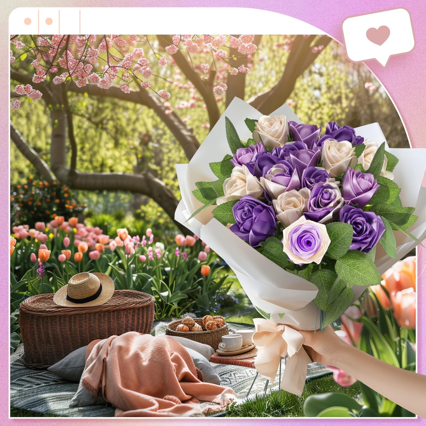 Thiccywoov 360 Pcs Premade Satin Ribbon Rose Petals DIY Kit with Flower Calyx Bases and Leaves Stems Half-Finished for Eternal Rose Flower Bouquet Gift for Anniversary Wedding Birthday(Purple Series)