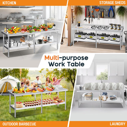 Jocisland 30" x 96" Stainless Steel Table for Prep & Work, Food-Grade Stainless Steel with Backsplash, Adjustable Under Shelf & Safe Design for Restaurant, Home and Outdoor