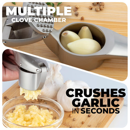 Zulay Kitchen Premium Garlic Press Set – Rust Proof & Dishwasher Safe Garlic Mincer Tool with Silicone Garlic Peeler & Brush, Easy Squeeze & Clean, Ergonomic Soft Grip Handle - Medium – Silver