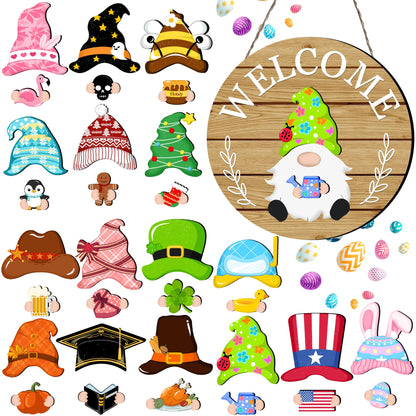 Seasonal Gnome Wall Decor Set, 11.8 inch Autumn Wooden Round Sign with Interchangeable Holiday Hats, Thanksgiving Welcome Door Hanging (Light brown-3)