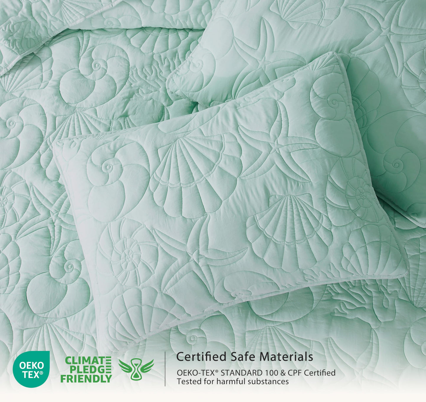 WDCOZY Coastal Beach Queen Size Quilt Bedding Sets, Seafoam Green Nautical Tropical Ocean Bedspread, Scallop Seashell Soft Coverlet, Lightweight Summer Thin Comforter for All Season