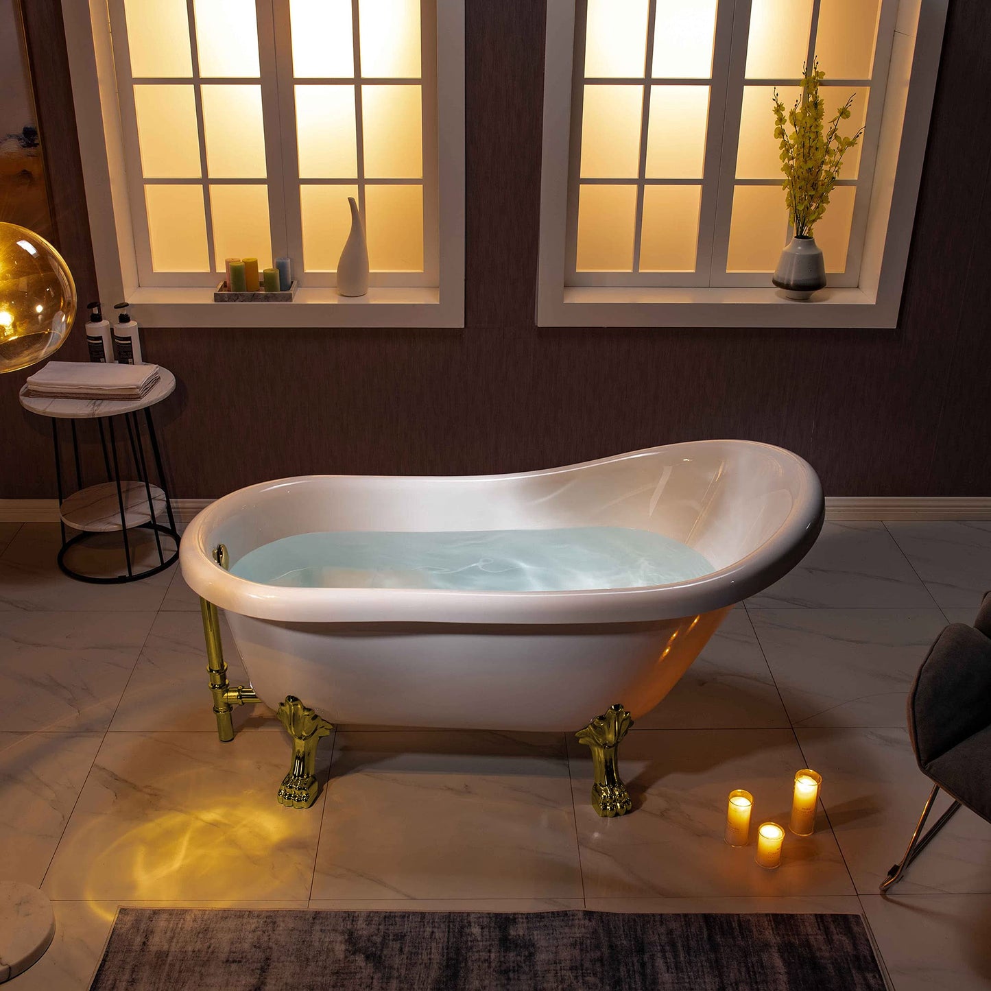 WOODBRIDGE 59" Heavy Duty Acrylic Slipper Clawfoot Bath Tub with Polished Gold Feet + Polished Gold Drain &Overflow