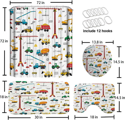 GRIEKOWE 4 Sets, Bulldozer Set, 72x72in Pcs Excavator Kids Shower Curtain Tractor Machinery Trucks, Construction
