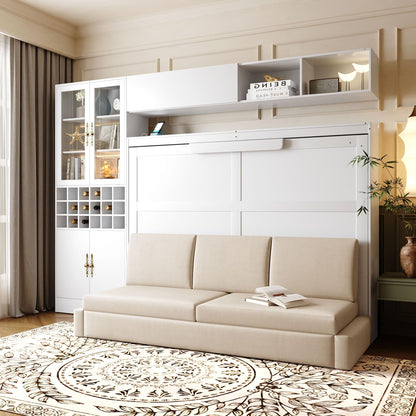 Merax Full Size Murphy Bed Wall Bed with Sofa and Storage, Hydraulic Mechanism Folding Bed with Shelves & USB Ports, Space Saving Furniture for Small Apartment, White