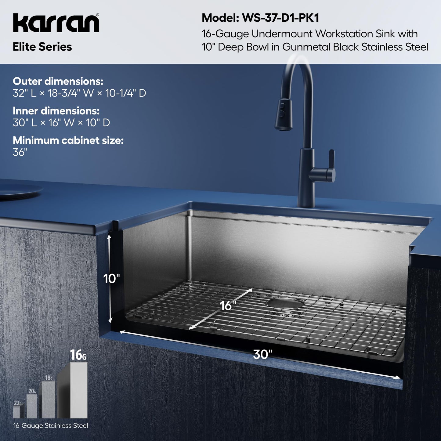 Karran Elite 32 Inch Gunmetal Black Workstation Kitchen Sink, 16 Gauge Nano PVD Stainless Steel Undermount Sink, Deep Single Bowl with Grid, Cutting Board, Drying Mat & Strainer