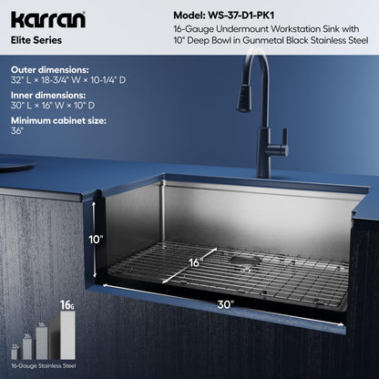 Karran Elite 32 Inch Gunmetal Black Workstation Kitchen Sink, 16 Gauge Nano PVD Stainless Steel Undermount Sink, Deep Single Bowl with Grid, Cutting Board, Drying Mat & Strainer