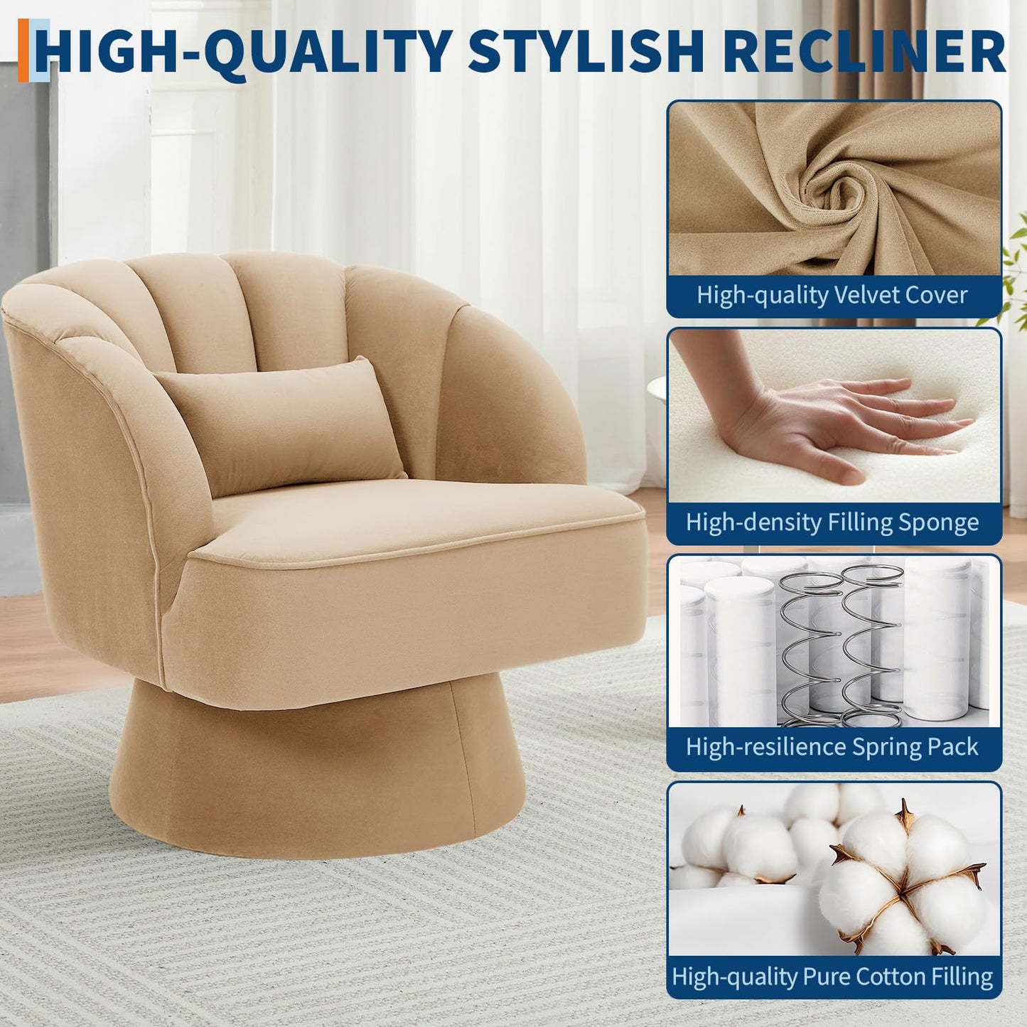 GarveeHome Modern 360° Swivel Velvet Barrel Accent Armchair – Striped Backrest & Plush Padding, Comfy Round Lounge Chair for Living Room, Bedroom, Reading Nook