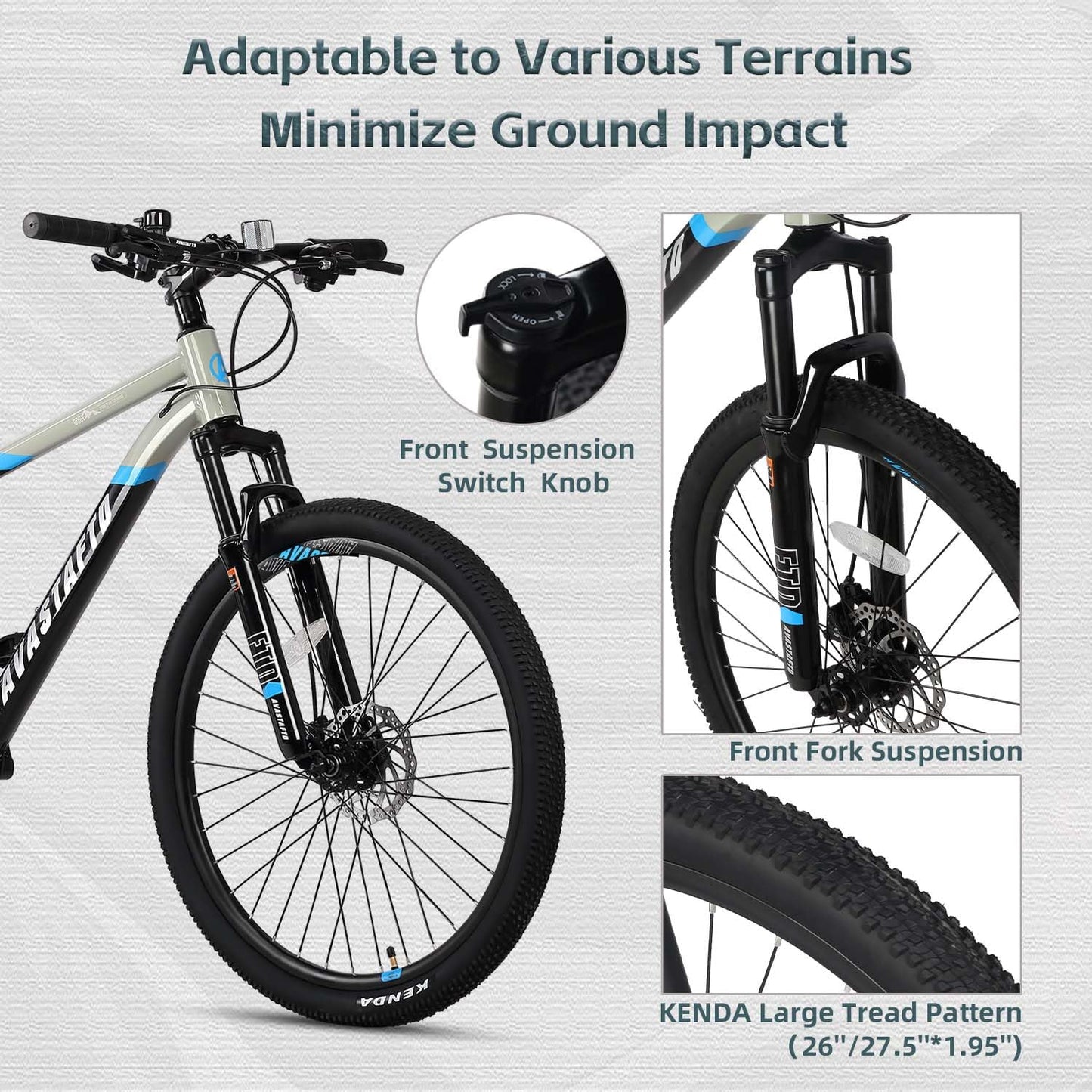 AVASTA 27.5-inch Mountain Bike for Man Male and Woman Female Adult with Lightweight Aluminum Alloy Frame and Dual Disc Brakes,Front Suspension,21-Speed Gear Shifters,Hidden Brake Cables,Grey