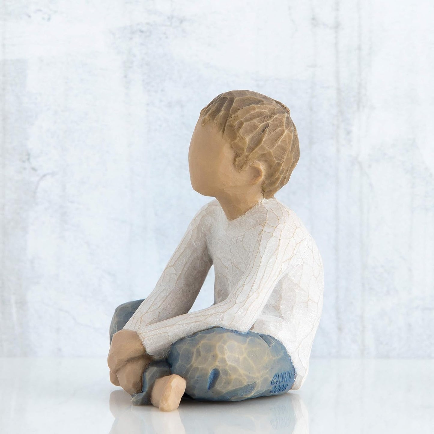 Willow Tree Imaginative Child, Nurtured by Your Loving Care, Seated Boy Figure in Blue Jeans