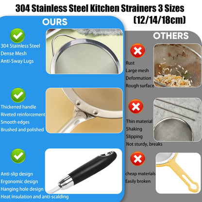 Stainless Steel Fine Mesh Strainer Set (3 Sizes 12/14/18cm, 40 Mesh) – 304 Food Grade, For Pasta, Rice, Flour & Tea – Reinforced Handle, Hook Rest, Heat-Safe Grip, Dishwasher Safe