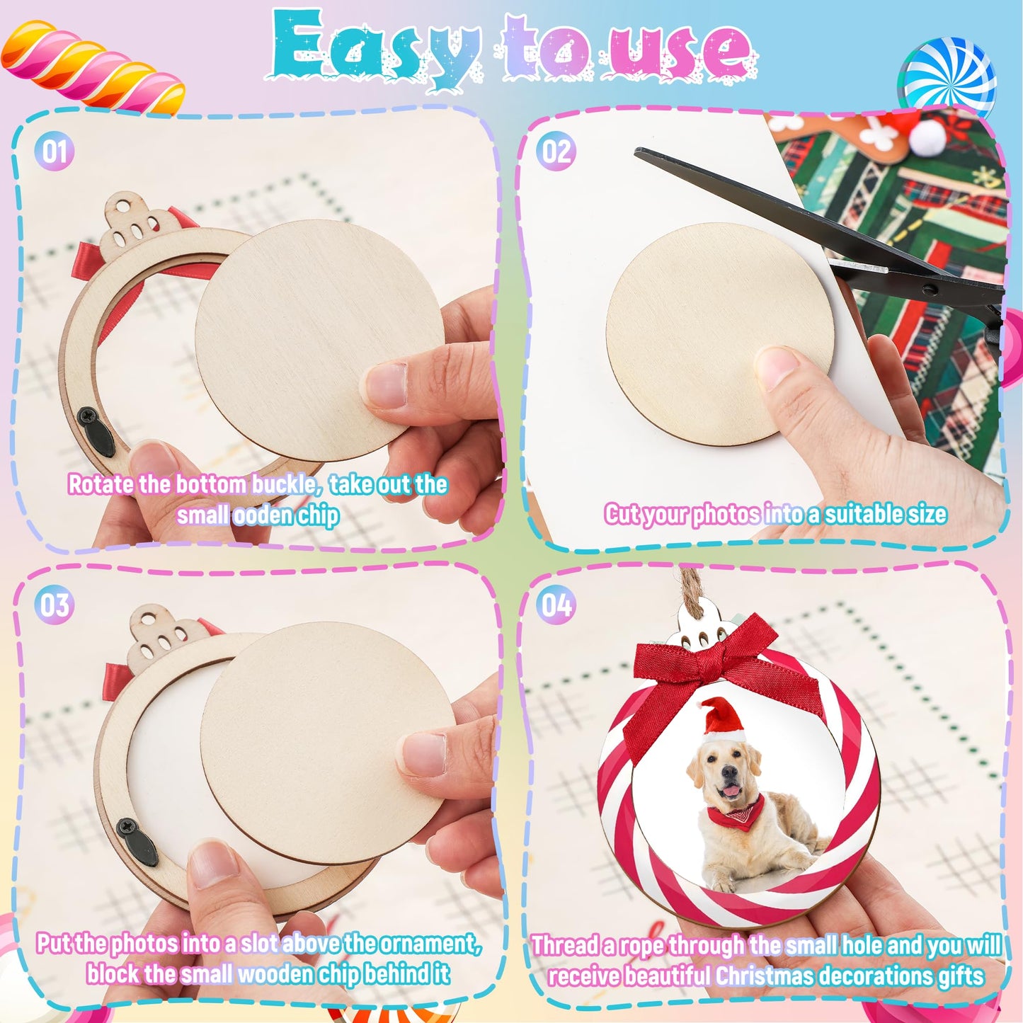 24 Pcs Wooden Candyland Photo Frame Ornaments, Picture Ornaments for Hanging, Candyland Decorations & Stockings Decor, DIY Keepsakes for Candyland Party (Macaron)