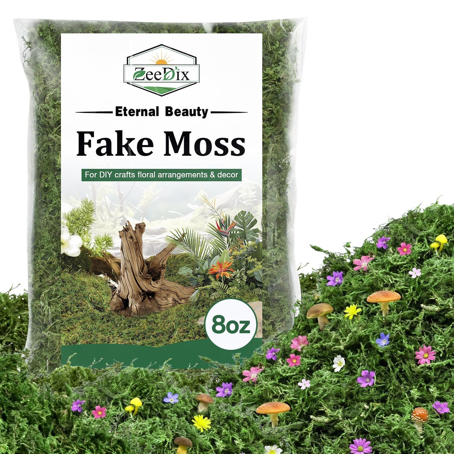 ZeeDix 8 oz Fake Green Moss for Crafts, Artificial Moss for Indoor Potted Plants, Decorative Moss for Table Centerpieces, DIY Projects, Fairy Garden, Wedding & Christmas Party Decor