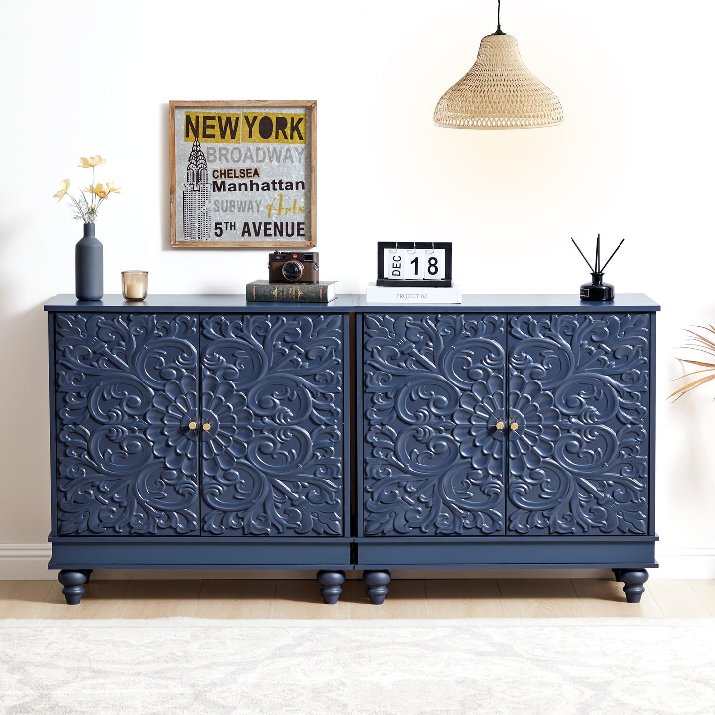 weselon Accent Cabinet Set of 2, Luxury Carving Board Buffet Cabinet with Storage, Storage Sideboard Entryway Table with 2 Doors and Adjustable Shelves (Midnight Blue)