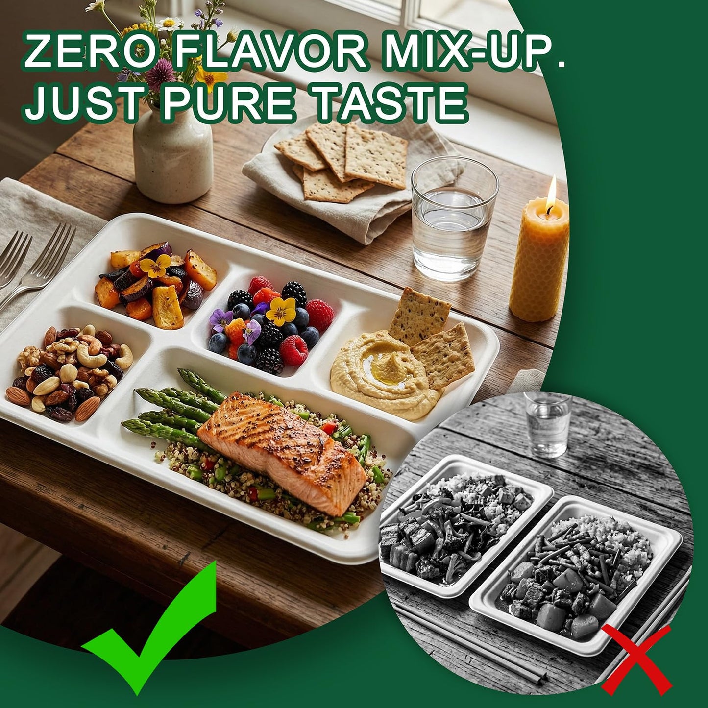Tinybee 100% Compostable 5 Compartment Paper Plates 12.5 * 8.6 Inch [100-Pack] Large Heavy Duty Divided Disposable Eco-Friendly Bagasse Plates Lunch Trays for Buffet/Party/School (BPI-Certified) White