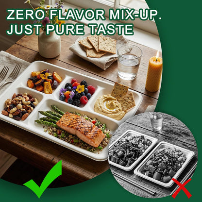 Tinybee 100% Compostable 5 Compartment Paper Plates 12.5 * 8.6 Inch [100-Pack] Large Heavy Duty Divided Disposable Eco-Friendly Bagasse Plates Lunch Trays for Buffet/Party/School (BPI-Certified) White