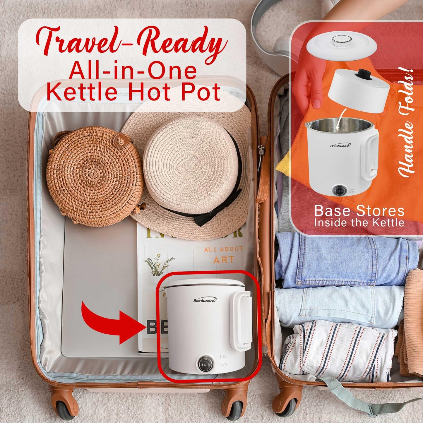 Brentwood KT-1504W 27oz Electric Travel Kettle & Hot Pot, Collapsible, Cool Touch Double Wall Stainless Steel Construction, Cordless with 360° Base, Auto Shut Off, Boil Dry Protection (White)