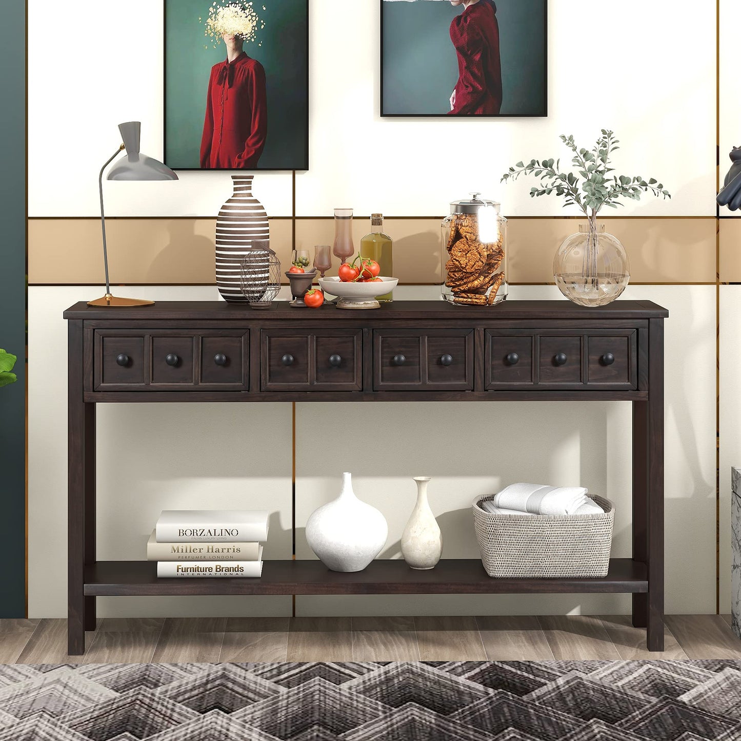 Merax Wood Farmhouse Entry Way Hallway Table with Drawers and Bottom Shelf Narrow Long Sideboard for Living Room (Espresso)