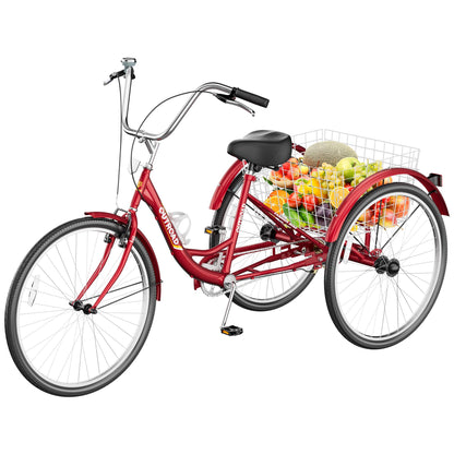Max4out Adult Tricycle with Large Basket 24/26 Inch, Stable 3 Wheel Cruise Bicycle for Shopping, Beach and City Trike Perfect for Men, Women, Seniors（24 Red）
