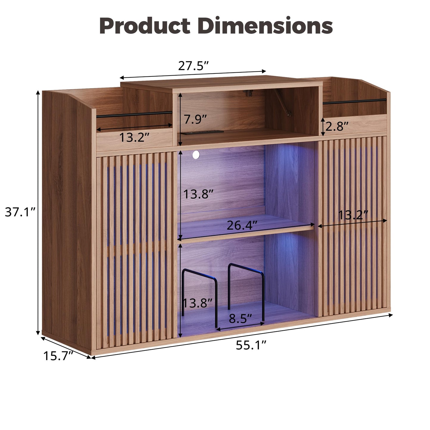 IRONCK Luxury Record Player Stand with Storage, Holds 1500+ Vinyl Records, Large Record Storage Cabinet with Sliding Doors & Charging Station & LED Light, Brown