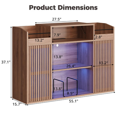 IRONCK Luxury Record Player Stand with Storage, Holds 1500+ Vinyl Records, Large Record Storage Cabinet with Sliding Doors & Charging Station & LED Light, Brown